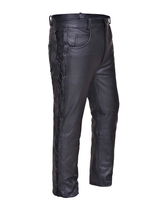 Men's premium leather chaps by Dynamicleather, showcasing durable black leather with detailed stitching and fit on a model.