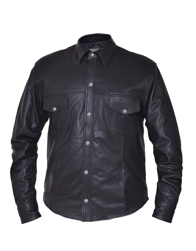 Men's lightweight leather motorcycle shirt with buffalo nickel snaps by Dynamicleather, featuring a stylish and durable design.