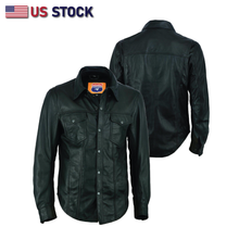 Buffalo Leather Gear men's black leather motorcycle shirt with western biker style, lightweight and soft for casual riding and riding gear.