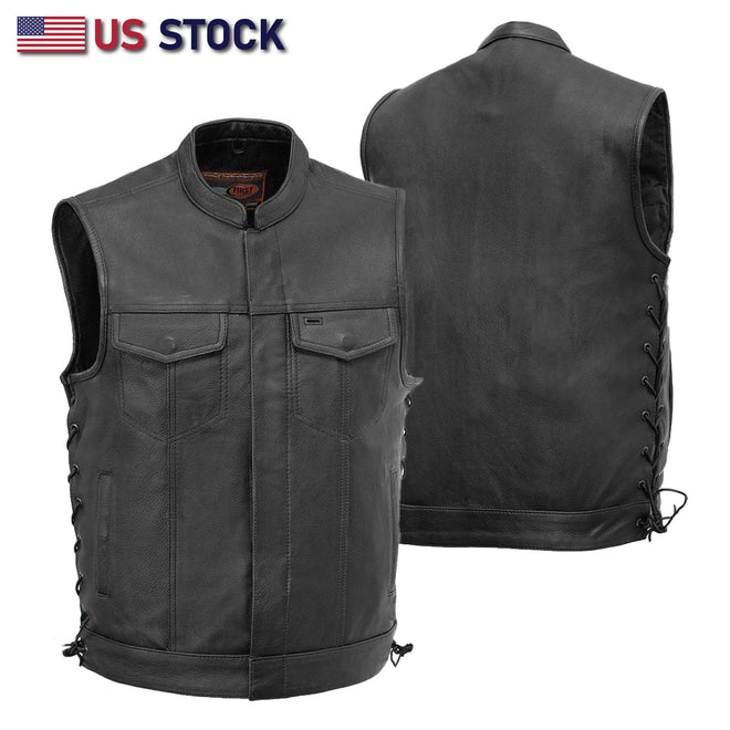 SOA Men's Leather Vest Anarchy Motorcycle Biker Club Utility-Pocket Side Lace | HL11685NKD