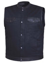 Men's matte black denim vest with leather trim by Dynamicleather, featuring front pockets and stylish detailing.