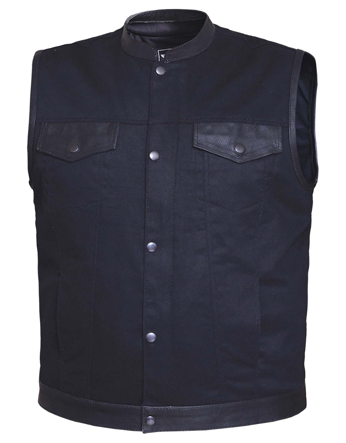 Men's matte black denim vest with leather trim by Dynamicleather, featuring front pockets and stylish detailing.