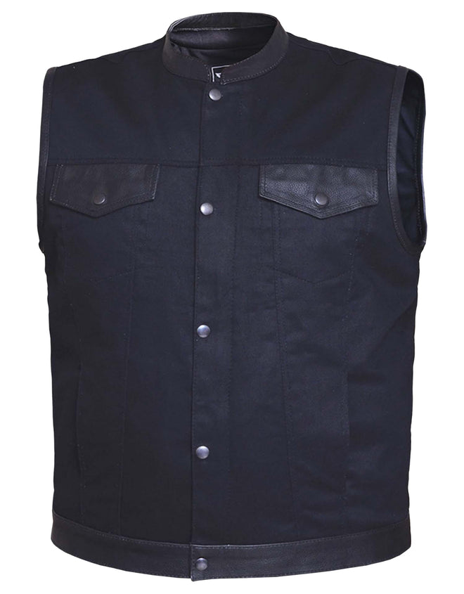 Men's matte black denim vest with leather trim by Dynamicleather, featuring front pockets and stylish detailing.