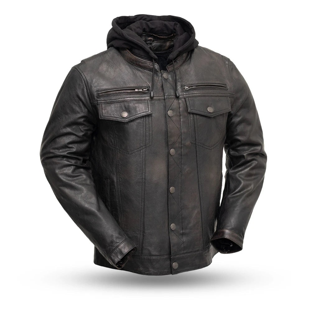 Men's leather motorcycle jacket by HighwayLeather, featuring a rugged men's leather shirt design with detailed stitching and classic style.