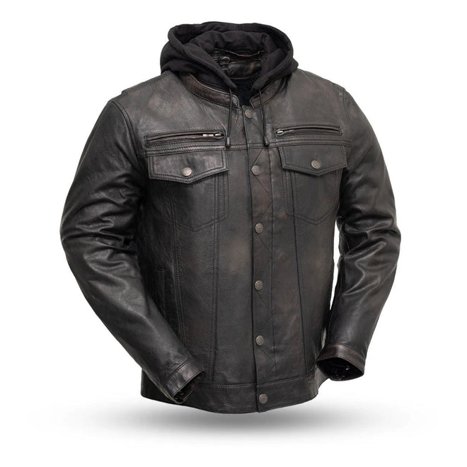 Men's leather motorcycle jacket by HighwayLeather, featuring a rugged men's leather shirt design with detailed stitching and classic style.