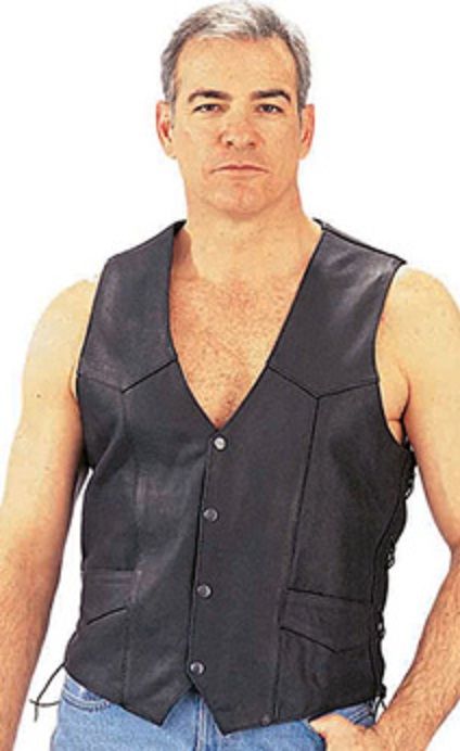 Men's black leather motorcycle vest with side laces, featuring a rugged design from Dynamicleather.