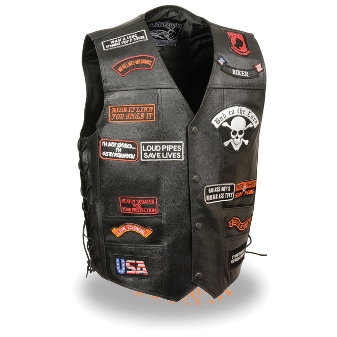 Milwaukee Leather men's side lace vest with 23 pre-patched patches, featuring a rugged denim style and adjustable side lacing.