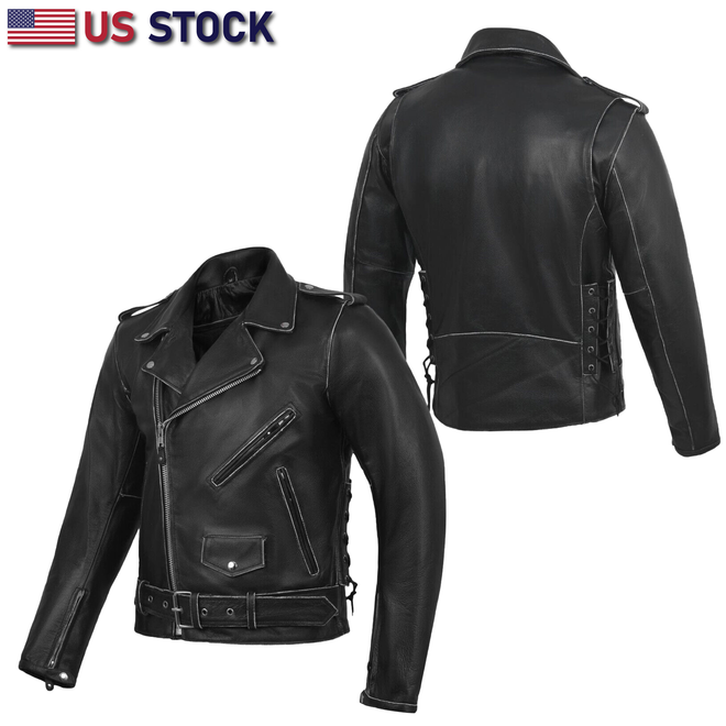 Buffalo Leather Gear men's police style motorcycle leather jacket with two ammo pockets, vintage old school design, black color.