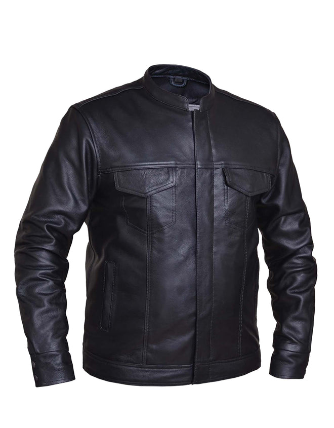 Men's premium leather motorcycle jacket by Dynamicleather, featuring a sleek design, front zipper, and classic motorcycle style.