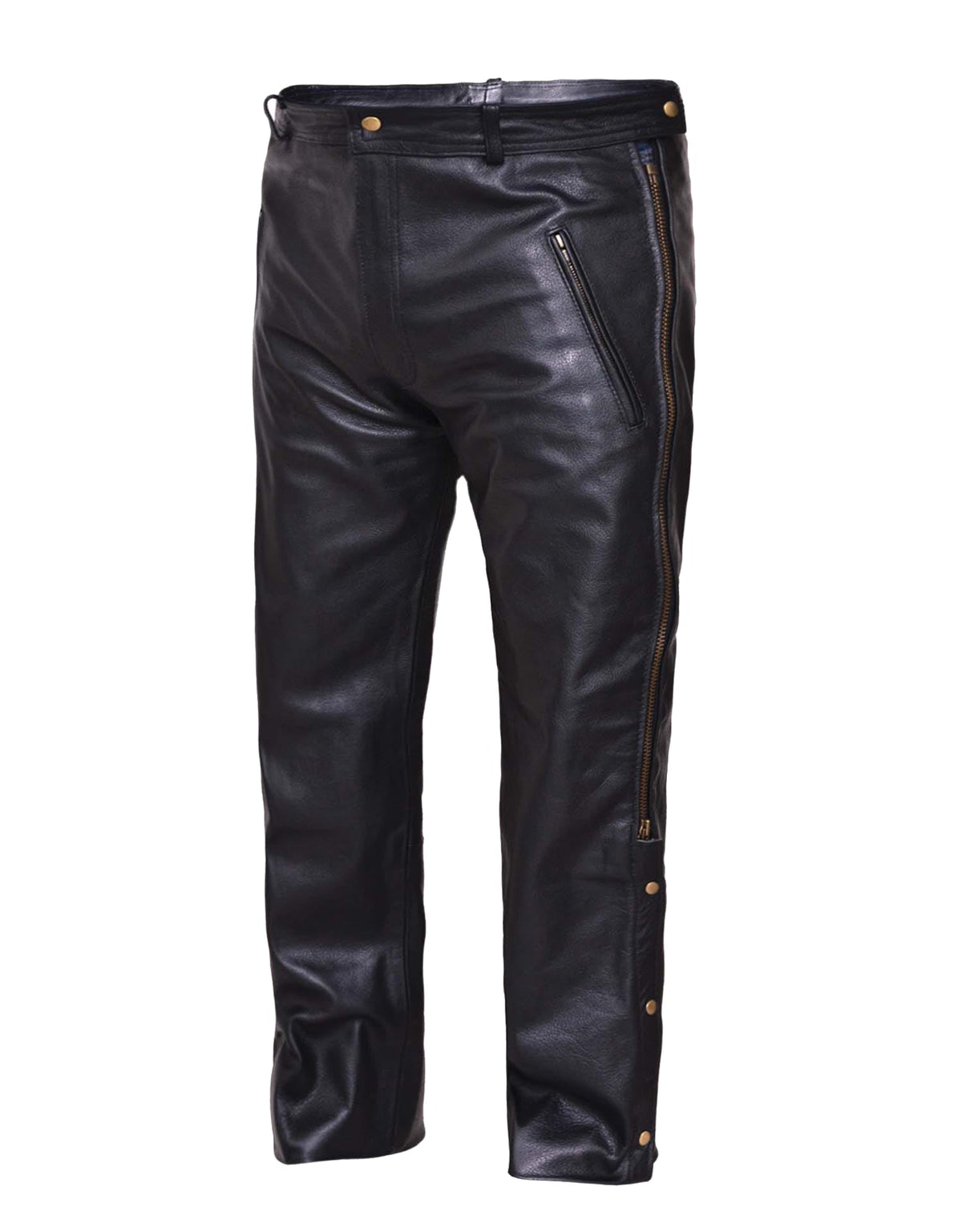 Men's premium leather chaps by Dynamicleather, showing detailed black leather material and stylish design on a model.