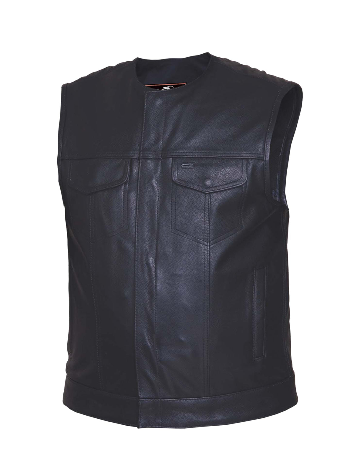Men's premium collarless leather club vest by Dynamicleather, showcasing a stylish, high-quality men's vest with a sleek leather finish.