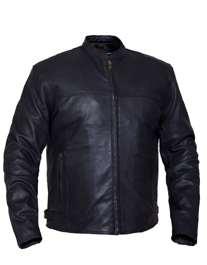 Men's lightweight motorcycle leather jacket by Dynamicleather, featuring a sleek design and durable black leather for riding comfort.