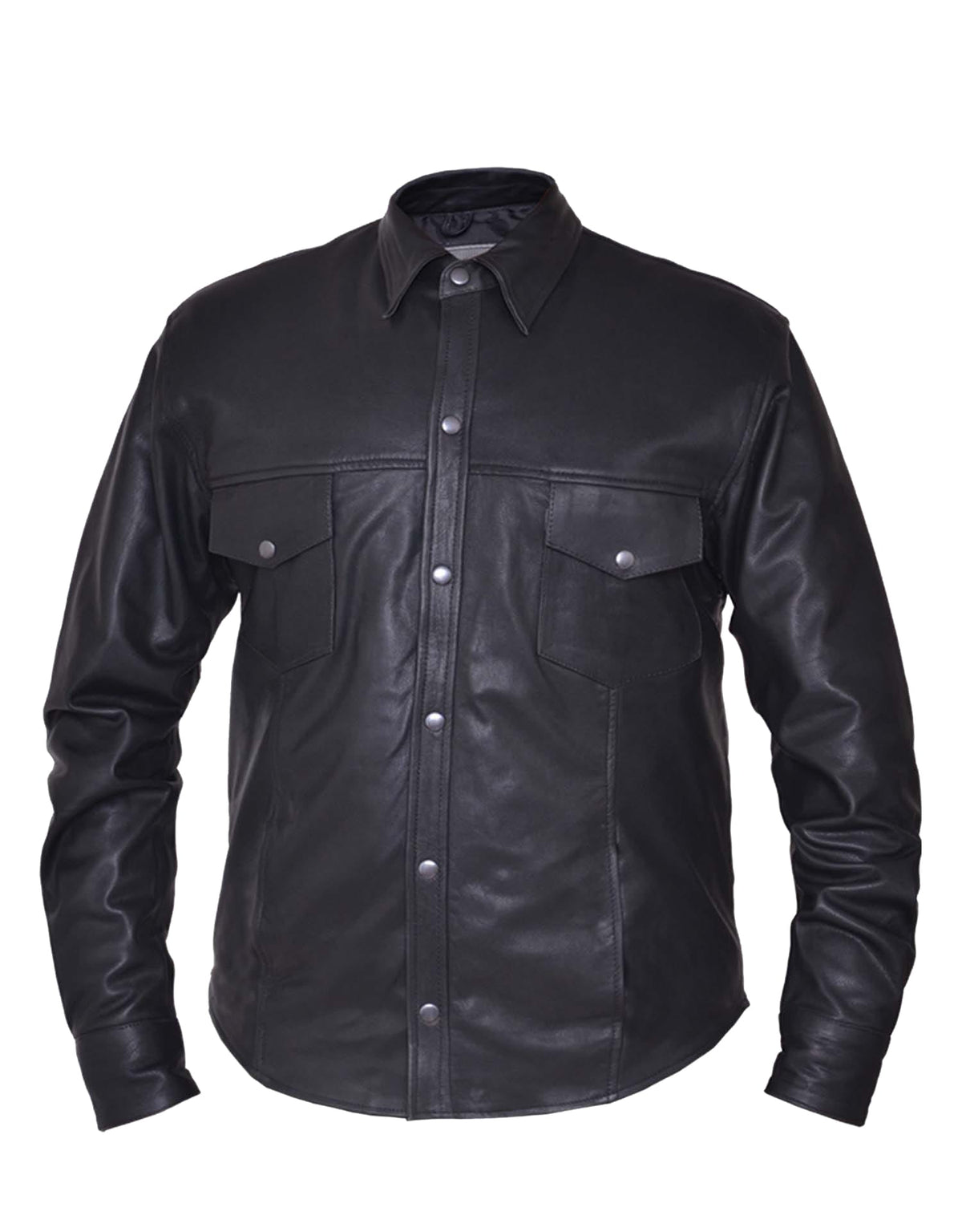 Men's premium lightweight leather motorcycle shirt by Dynamicleather, showcasing a stylish black leather jacket for men.