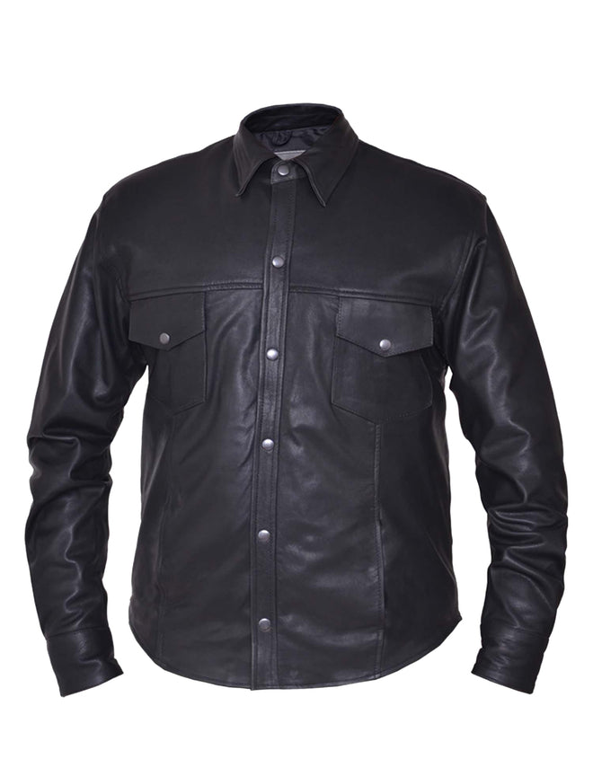 Men's premium lightweight leather motorcycle shirt by Dynamicleather, showcasing a stylish black leather jacket for men.