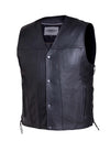 Men's premium leather motorcycle vest by Dynamicleather, showing detailed black leather vest with front zippers and shoulder accents.