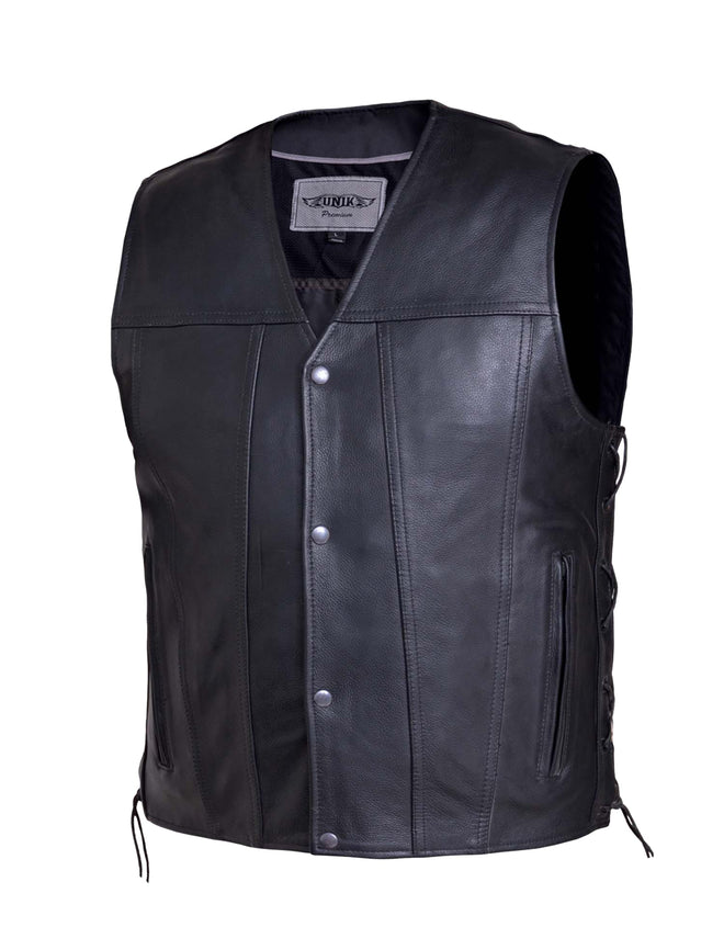 Men's premium leather motorcycle vest by Dynamicleather, showing detailed black leather vest with front zippers and shoulder accents.