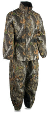Men's Mossy Oak camouflage waterproof rain suit with reflective piping, made by HighwayLeather for outdoor protection.