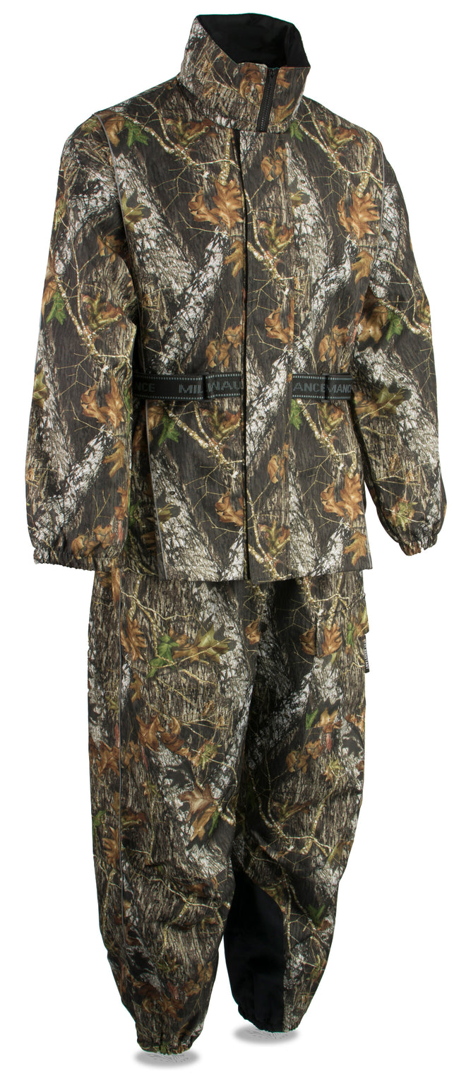 Men's Mossy Oak camouflage waterproof rain suit with reflective piping, made by HighwayLeather for outdoor protection.