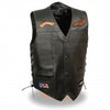 Buffalo Leather Gear men's black motorcycle leather vest with side lace details and patches, designed for riding club enthusiasts.