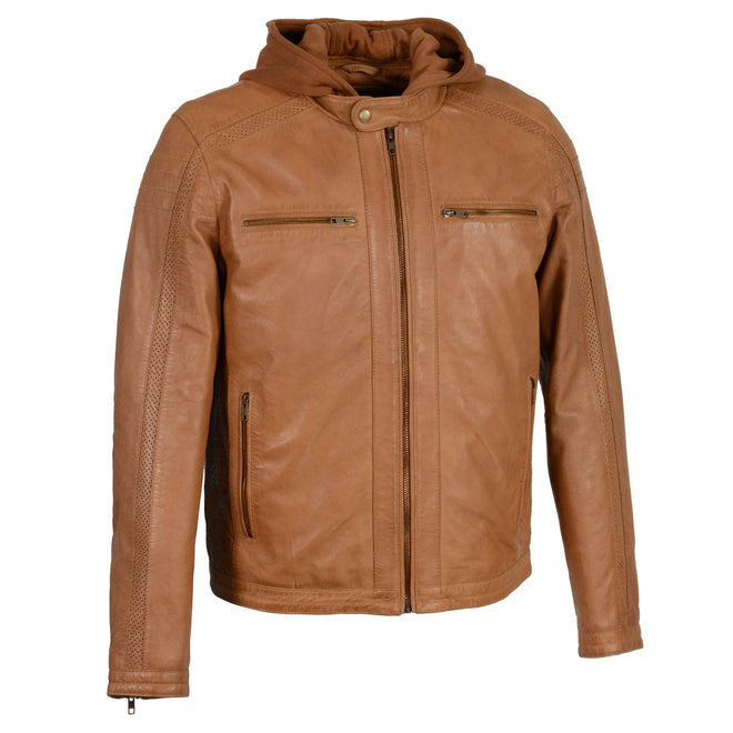 Men's leather zipper front jacket with removable hood by HighwayLeather, featuring a stylish saddle design and classic fit.