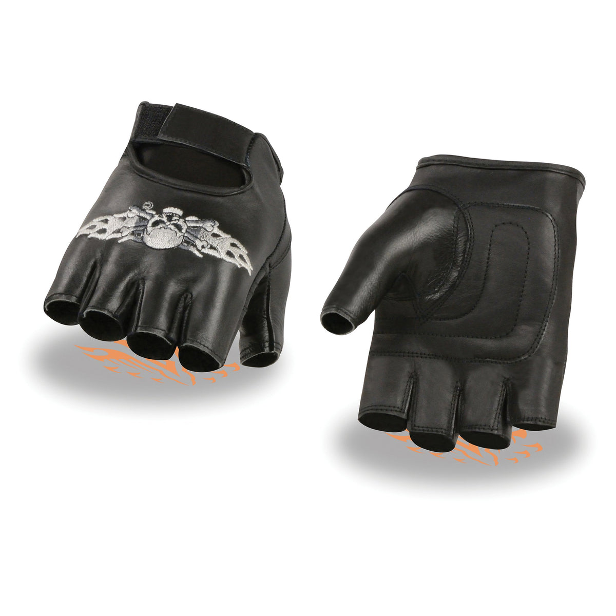 Men's leather fingerless gloves with skull and bones embroidery by Dynamicleather, showing detailed stitching and edgy design.