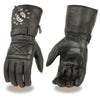 Men's leather gauntlet gloves with metal studs and conchos by Dynamicleather, showcasing the rugged, stylish design and durable craftsmanship.