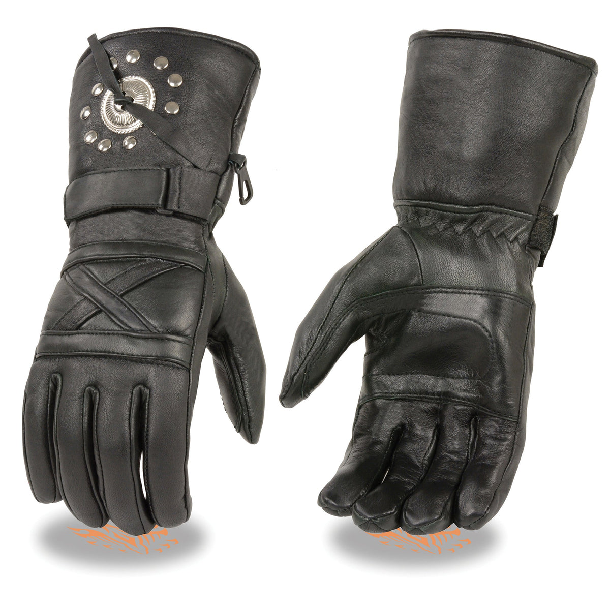 Men's leather gauntlet gloves with metal studs and conchos by Dynamicleather, showcasing the rugged, stylish design and durable craftsmanship.