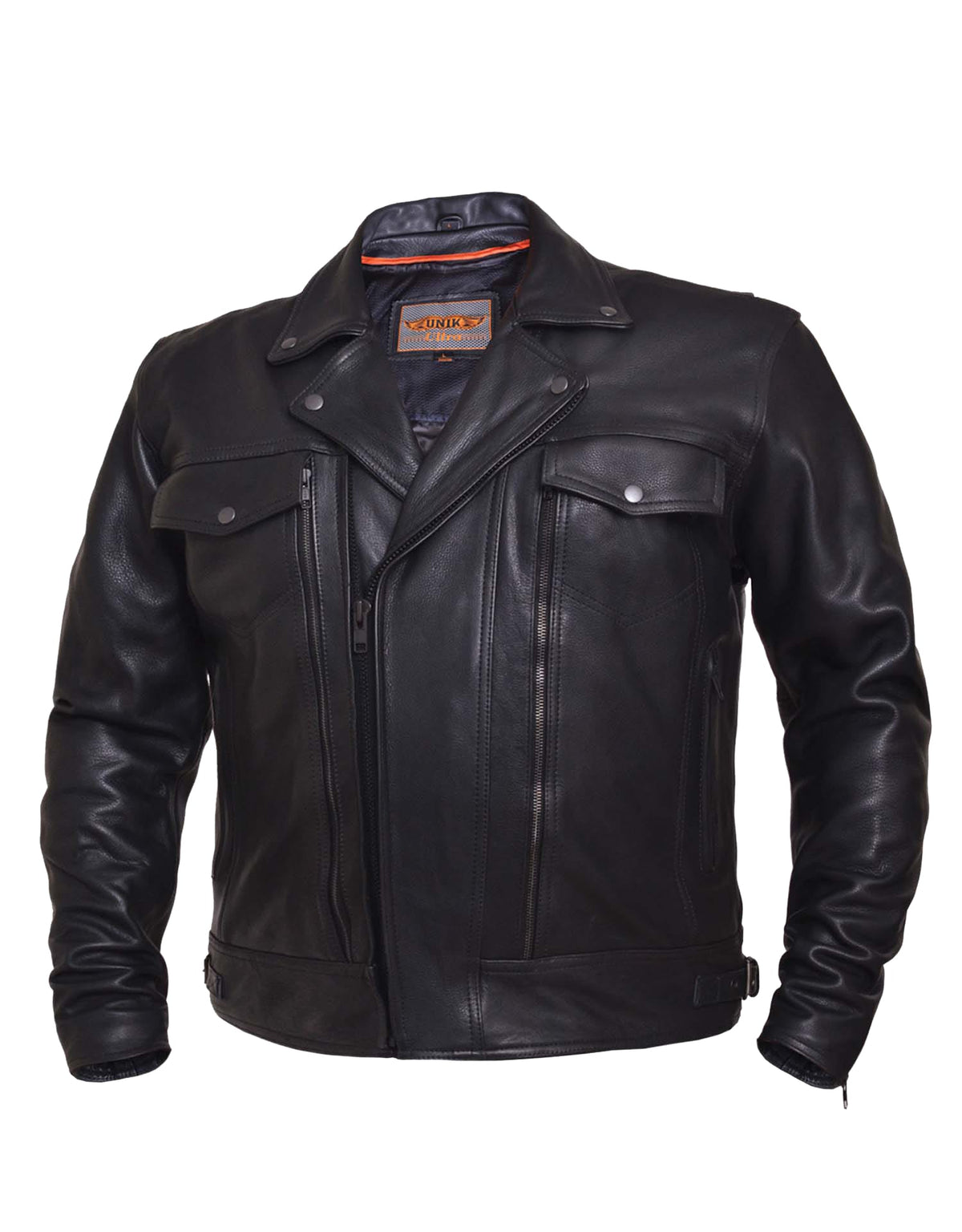 Men's Ultra Cruiser motorcycle leather jacket by Dynamicleather, featuring a classic black design and rugged style.