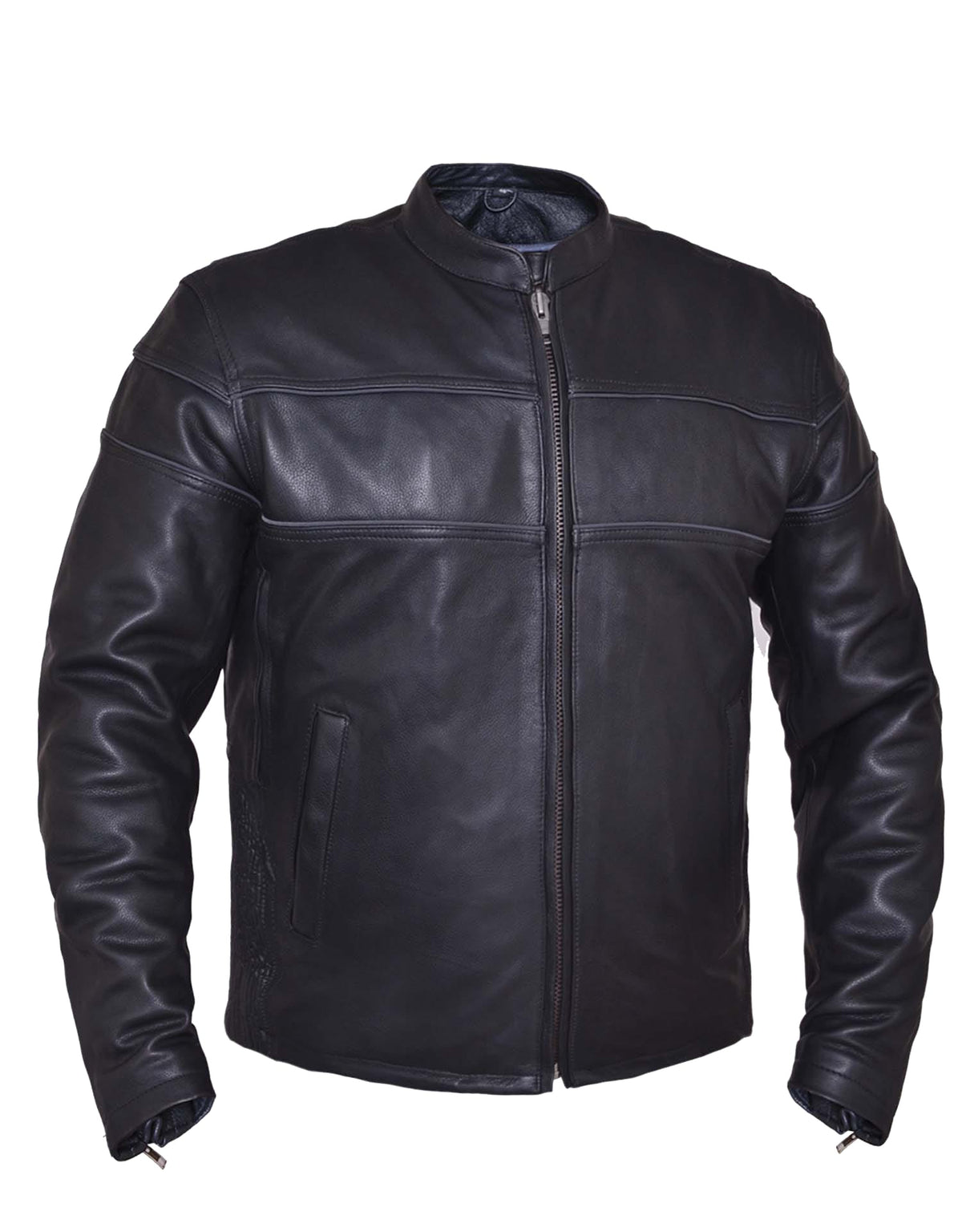 Men's Ultra Motorcycle Leather Jacket by Dynamicleather, featuring a sleek black design and rugged style for riding enthusiasts.