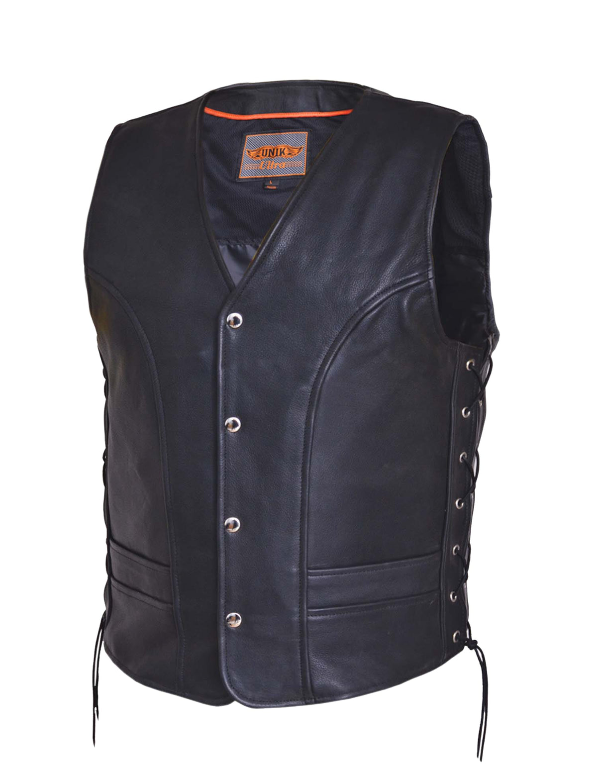 Men's Ultra Motorcycle Leather Vest by Dynamicleather, featuring a sleek black design with front zipper and leather detailing.