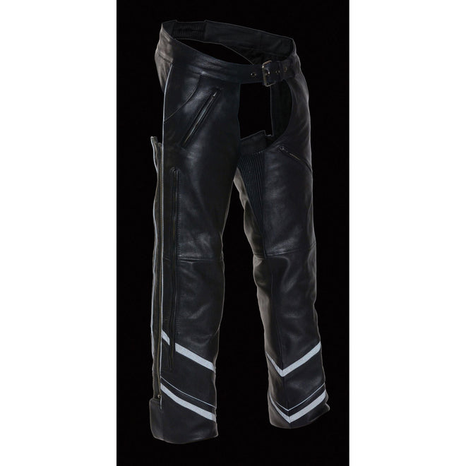 Men's HighwayLeather vented chaps with reflective piping, durable leather riding chaps with ventilation for comfort.