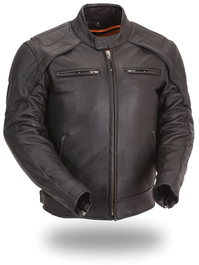 Men's vented scooter jacket by HighwayLeather, showcasing durable black leather with ventilation panels and a classic biker style.