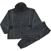 Milwaukee Leather men's black waterproof rain suit with reflective piping and heat guard, designed for outdoor protection.