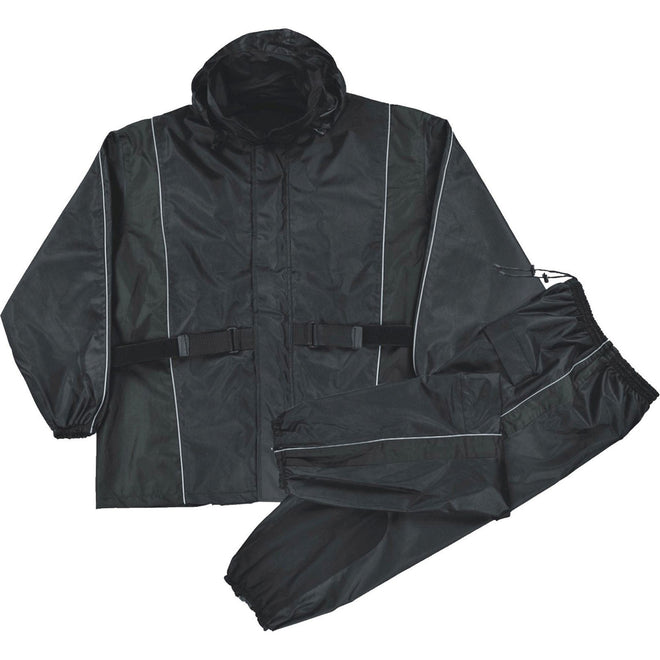 Milwaukee Leather men's black waterproof rain suit with reflective piping and heat guard, designed for outdoor protection.