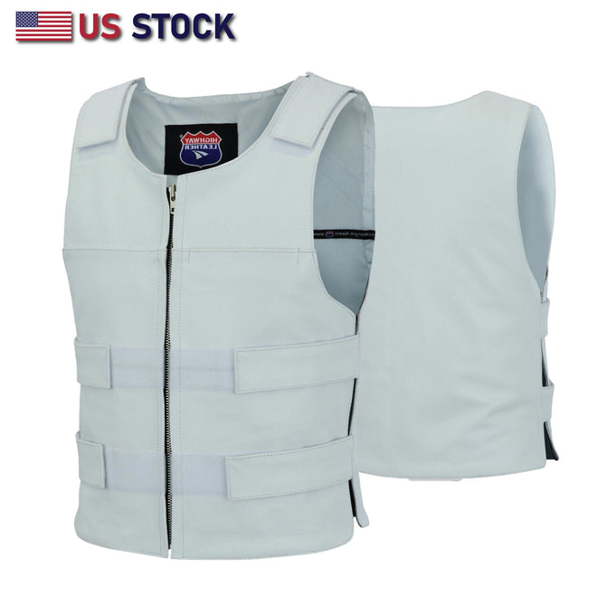 Men’s White Tactical Style Leather Biker Club Vest | HL11643White