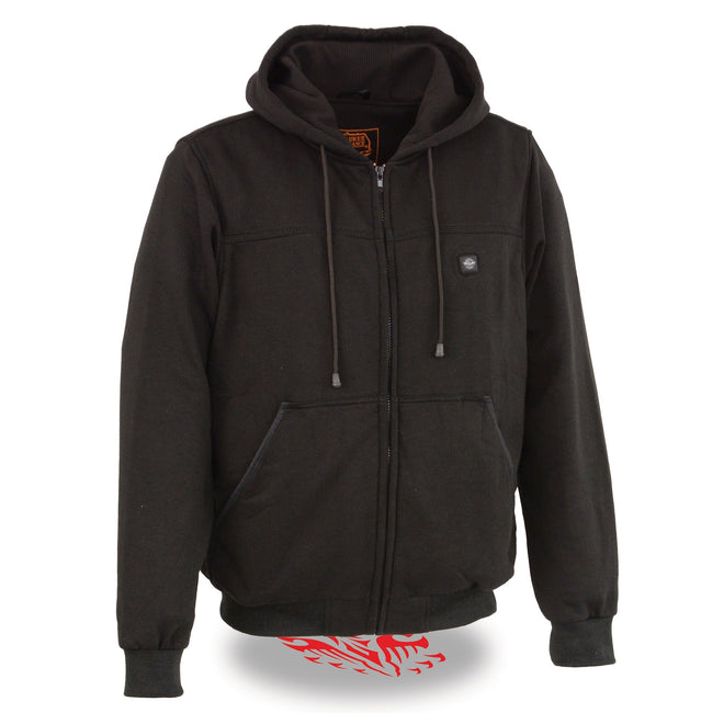 Men's black zipper front heated hoodie with front and back heating elements by HighwayLeather, designed for warmth and comfort.