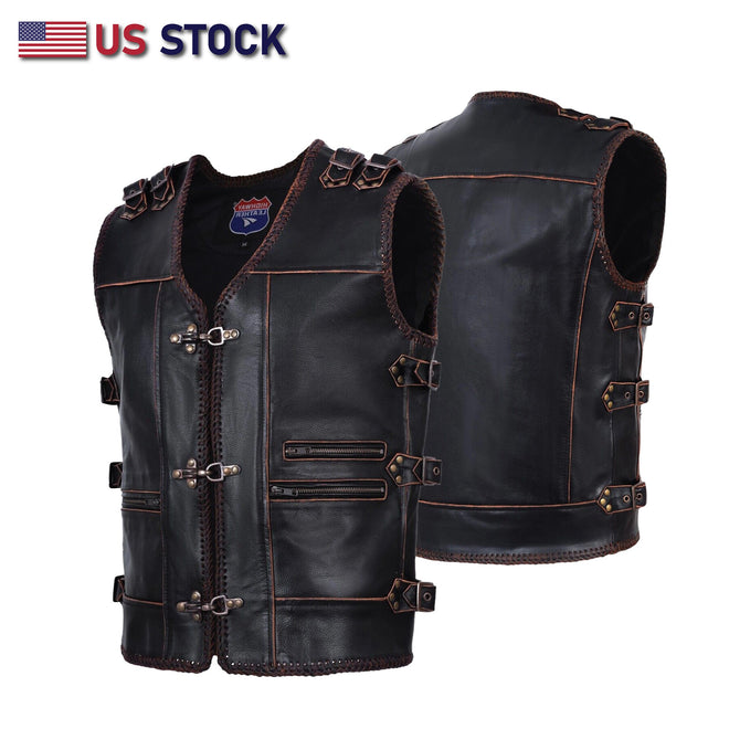 Men's brown leather biker vest with heavy metal zippers, buckle accents, and braided design by Buffalo Leather Gear.