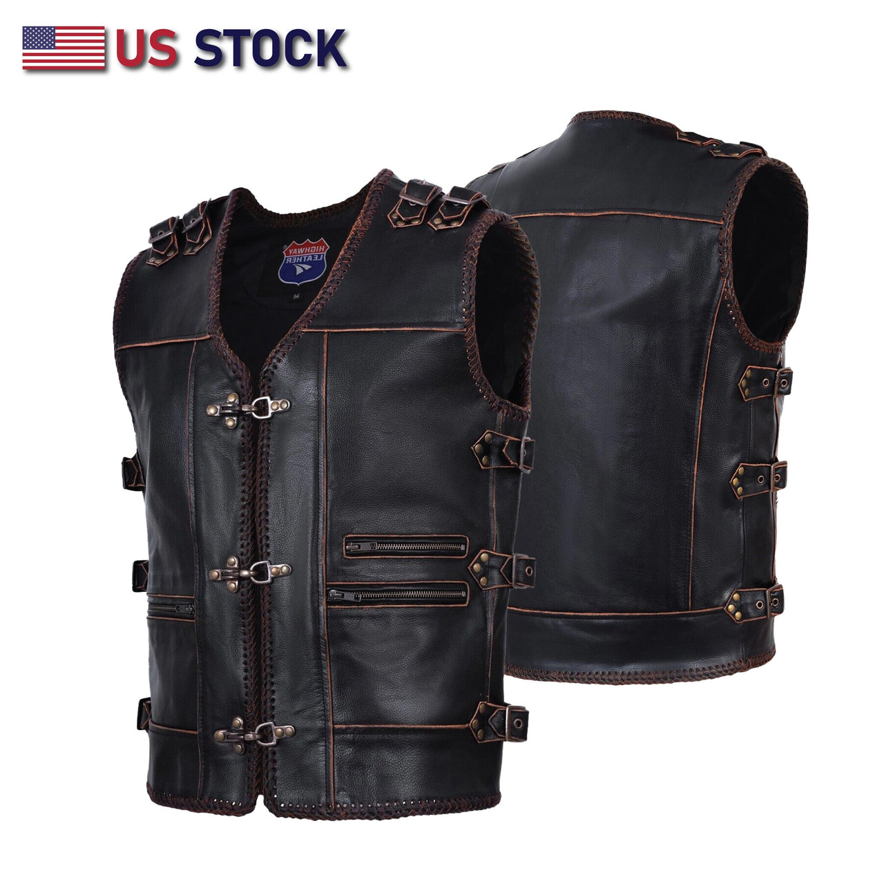 HL11699BROWN Men Genuine Cow Leather Heavy Metal Zipper Buckled Rocker ...