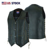 Antique brown men's leather vest with seven pockets, made from real cowhide, by Buffalo Leather Gear, designed for bikers.
