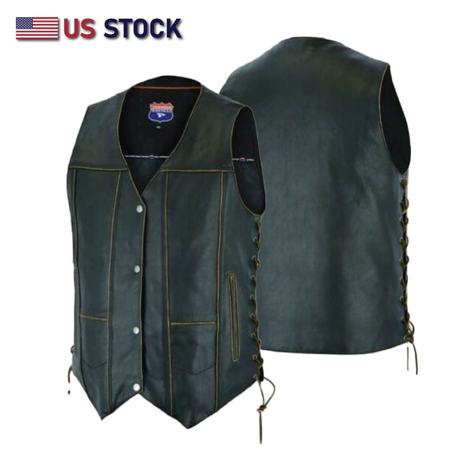 Antique brown men's leather vest with seven pockets, made from real cowhide, by Buffalo Leather Gear, designed for bikers.