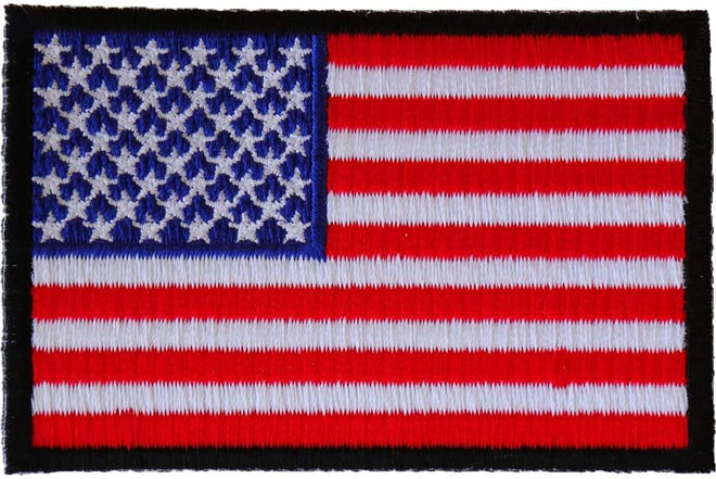 Embroidered American flag patch with black borders, 3x2 inches, iron-on style, assorted design by THE CHEAP PLACE.