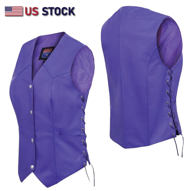 Women's purple genuine leather motorcycle vest with lace-up sides and full lining, by Buffalo Leather Gear.
