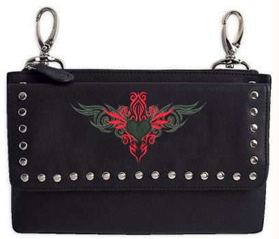 Red Buffalo Leather Gear hip pouch with tribal heart design, clip attachment, perfect for thigh or fan bag use.