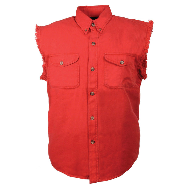 Men's red sleeveless denim shirt by HighwayLeather, lightweight textile clothing ideal for casual wear.