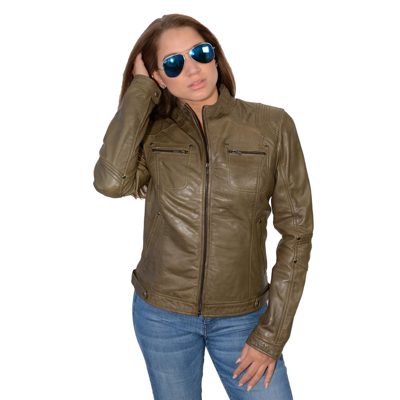 Ladies stand up collar racer jacket with rivet details - HighwayLeather