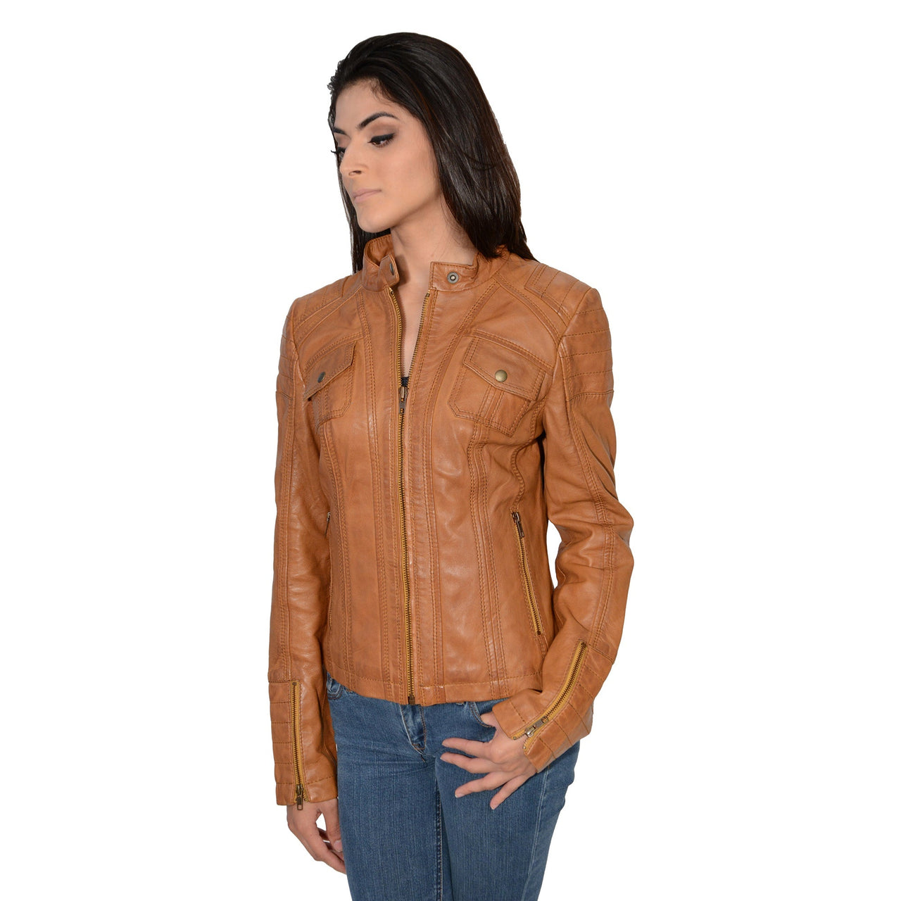 Ladies mandarin scuba collar jacket with quilted shoulders and cuff. - HighwayLeather