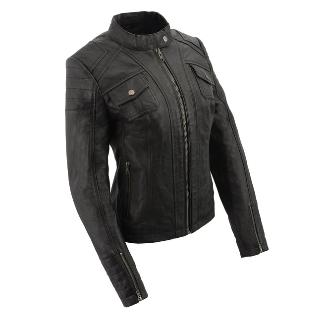 Women's HighwayLeather scuba collar jacket with quilted shoulders and cuffs, stylish and warm women's outerwear.
