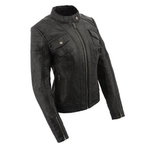 Women's mandarin scuba collar jacket with quilted shoulders and cuff. - HighwayLeather