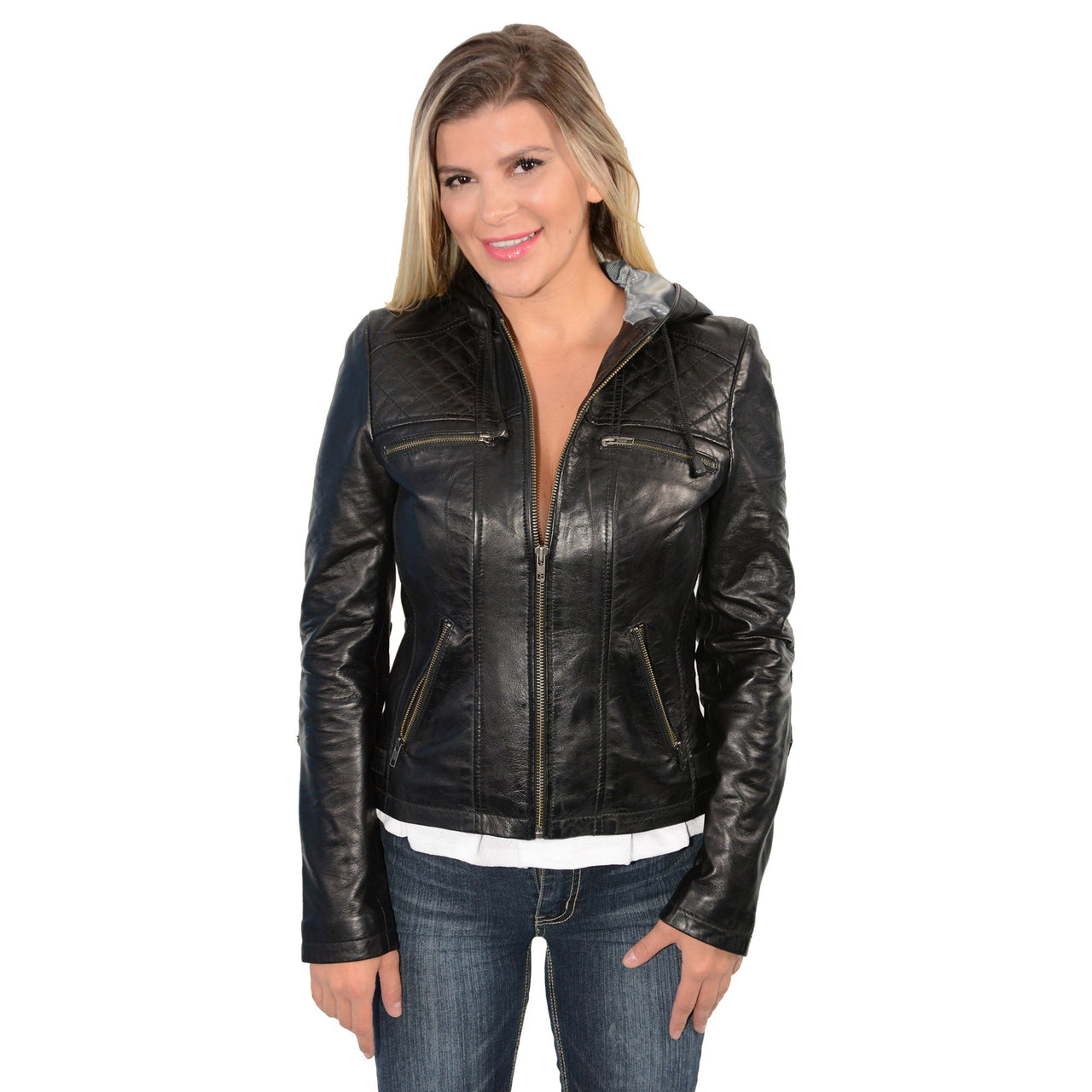 Ladies hooded scuba jacket with draw string - HighwayLeather