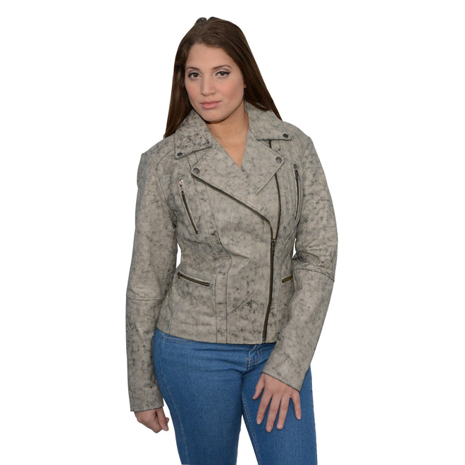 Women's distressed look asymmetrical moto jacket by HighwayLeather, featuring rugged style and edgy design.